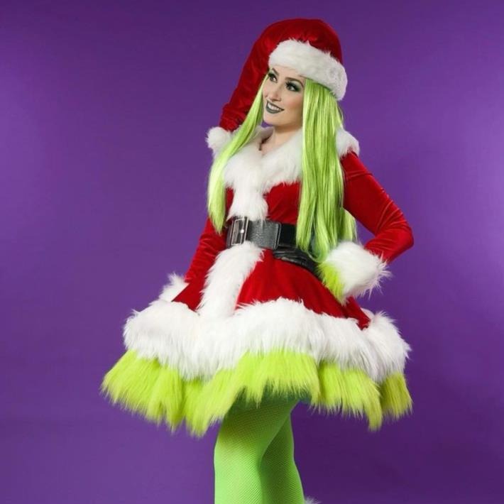 欧美新款长袖圣诞节服装加厚圣诞女裙服装成人情侣装派对演出服装
