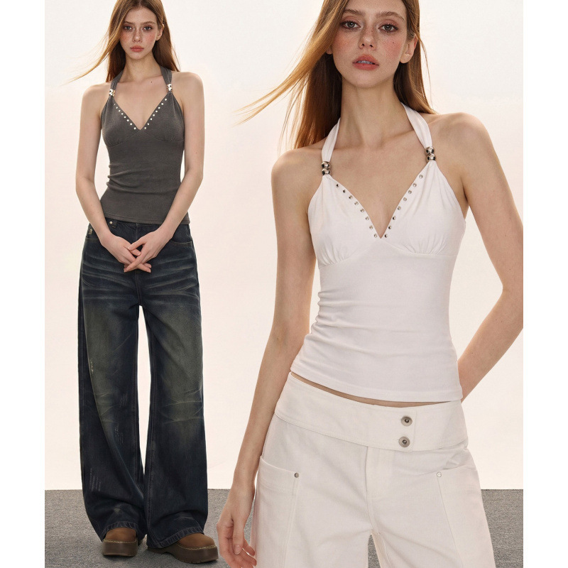 In-Stock Cashmere American-Style Spicy Girl V-Neck Halter Adjustable Camisole for Women, Summer Design, Slim Fit, Flattering