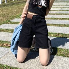 女性用ブラックハイウエストデニムショートパンツ、夏用薄手、ゆったり、ワイドレッグ、女性用多用途ショートパンツ、トレンディ