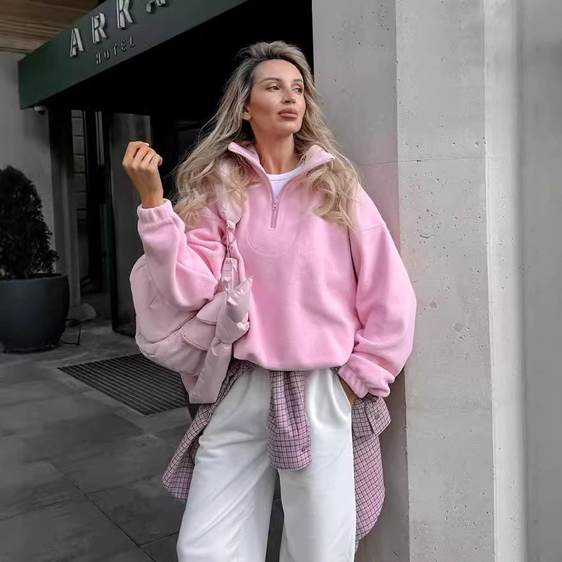 2024 autumn and winter new European and American women's fashion solid color lamb velvet loose lapel fleece pullover sweater wholesale 2024 autumn and winter new European and American women's fashion solid color lamb velvet loose lapel fleece pullover sweater wholesale