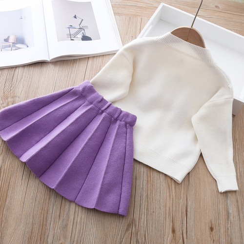 Stylish and Cute Girls' Set Spring 2024 Newborn Baby Knit Sweater and Pleated Skirt Two-Piece Set
