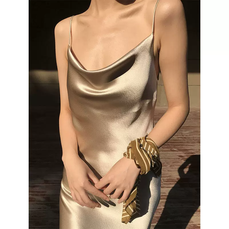 重磅高级真丝连衣裙荡领修身气质女神范桑蚕丝吊带女高端气质长裙