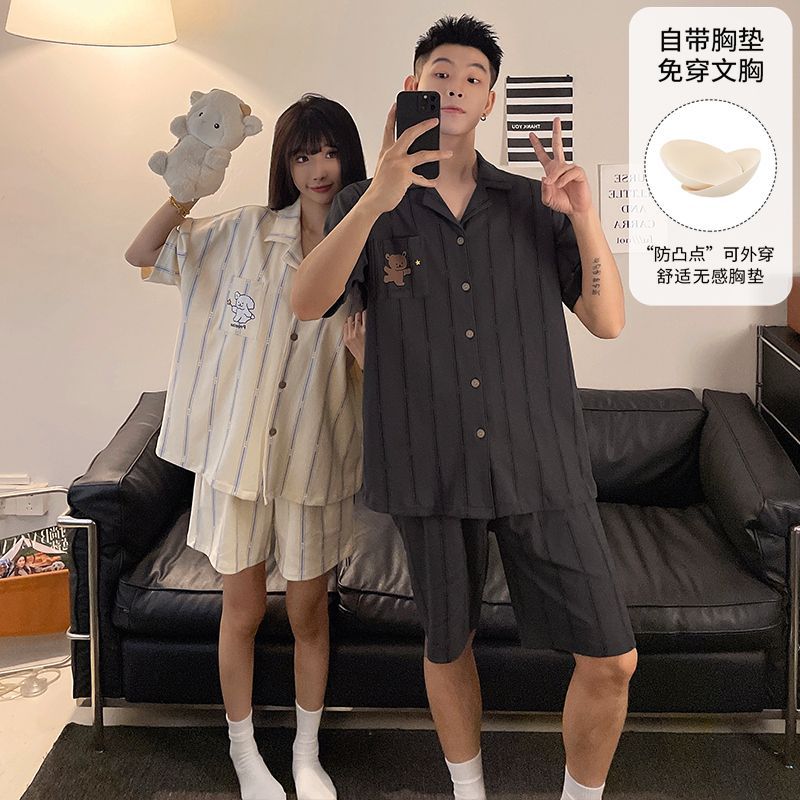 情侣睡衣女款带胸垫夏季韩版可爱卡通短袖男士宽松休闲家居服套装