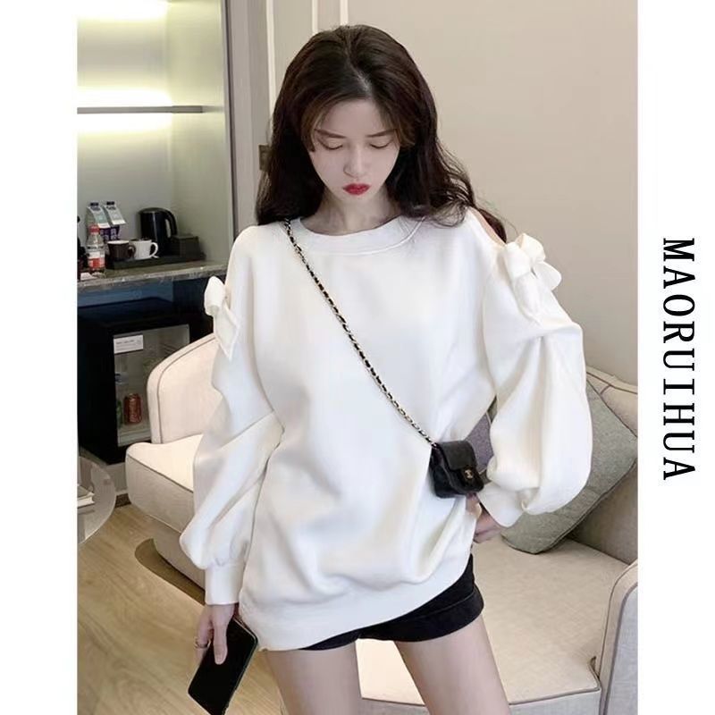 蝴蝶结长袖露肩卫衣女装春秋季薄款大码无帽ins风辣妹中长款上衣|undefined