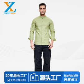 跨境新款立领亚麻衬衫长袖衬衣亲肤透气夏季工作服可来图印绣logo