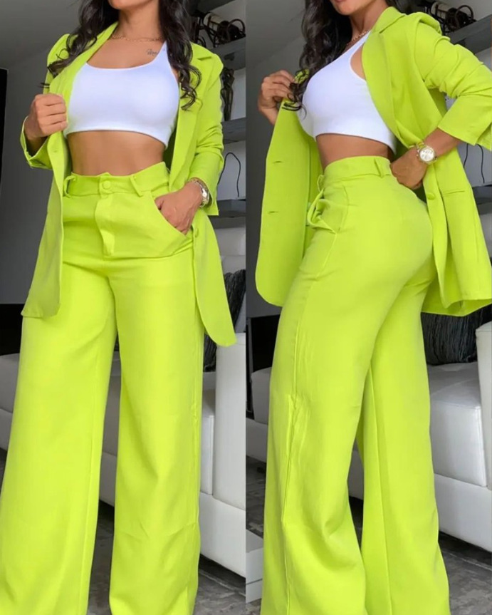 women's sets Women's and Elegant Solid Color Split Sleeve Lapel Suit Pocket Straight leg Trouser Set_voghion.com