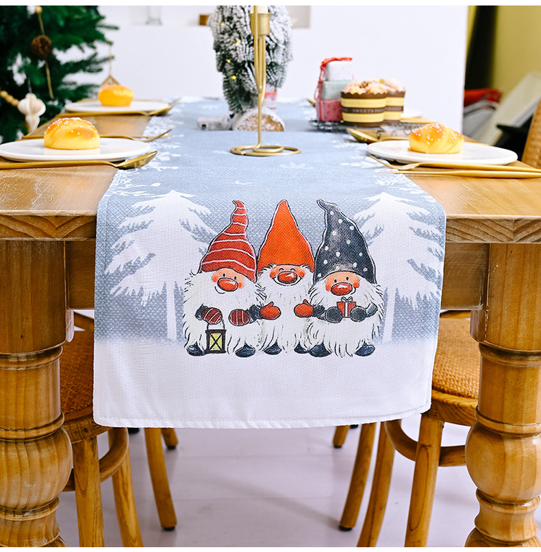 Décorations de Noël pour la maison et le jardin Chemin de table en forme de flocon de neige avec un vieil homme dans la forêt, nappe pour la maison, napperon imprimé_voghion.com