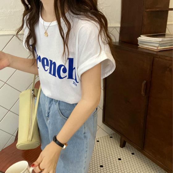 2025 Summer New Arrival Short Printed Short-Sleeved Women's Pure Cotton T-Shirt Loose Sweet Cool Niche White Top Ins Trendy