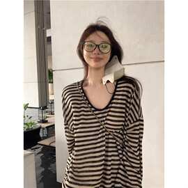 原版面料 慵懒风条纹长袖防晒T恤女2025新款穿搭宽松修身显瘦罩衫