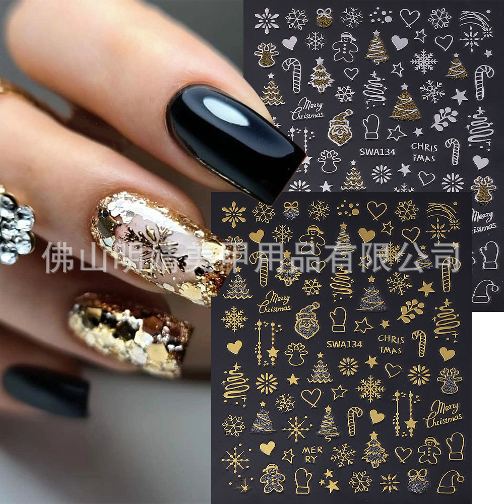 Cross-Border Christmas New Nail Art Stickers Ins Style Gold and Silver Snowflake Cartoon Elk Christmas Gift Adhesive Stickers