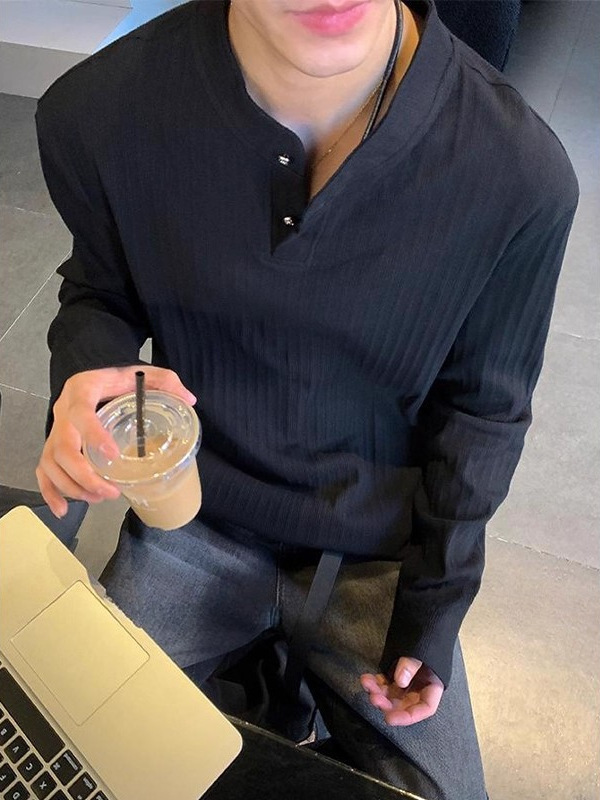 美式白色亨利领polo衫长袖t恤男秋季高级感无帽卫衣内搭打底上衣|undefined