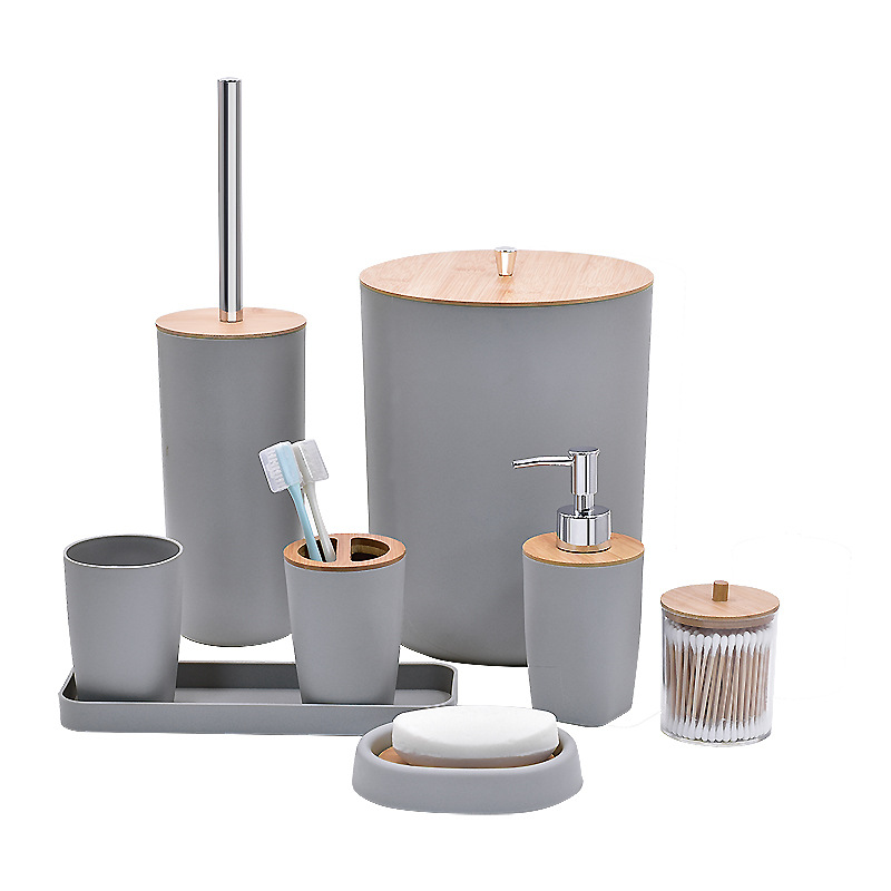 Productos de baño de bambú creativos de hotel de baño botella de desinfectante de manos taza de lavado conjunto de higiene set 4 piezas