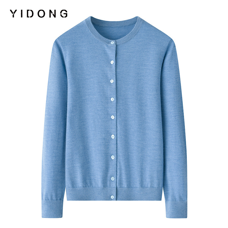 Fine-Spun 16-Gauge Plain Pure Cashmere Knit Cardigan for Women, Round Neck, Close-Fitting, Fashionable Regular-Fit Base Sweater