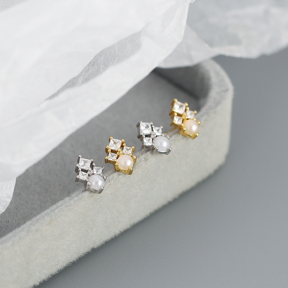 Geometric Pattern 1 Pair 925 Sterling Silver Imitation Pearl Zircon Geometric Ear Studs