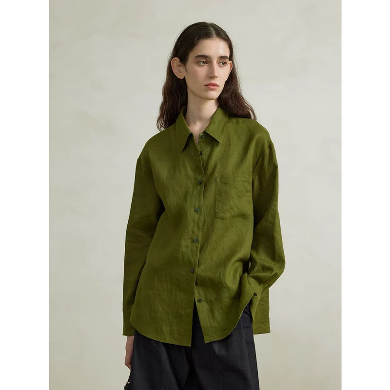 Chalmaon [Redemption] 100% Linen Green Loose Shirt for Women, Suitable for Spring and Autumn, Can Be Worn as an Inner or Outer Layer, Long-Sleeve Shirt