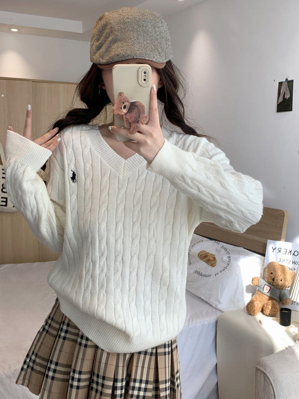 韓国風麻花Vネック無地プルオーバー長袖ニットセーター女性用刺繍入り秋冬トップスins風|undefined