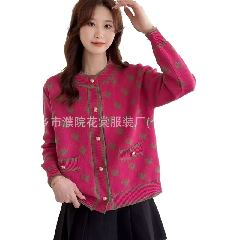 跨境妈妈装经典款 开衫毛衣圆领爱心满印针织单排金属纽扣外套女|undefined