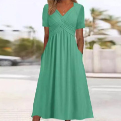 2024 Autumn New Arrival Amazon Cross-Border European and American Style Solid Color V-Neck Short-Sleeved Unique Dress for Women