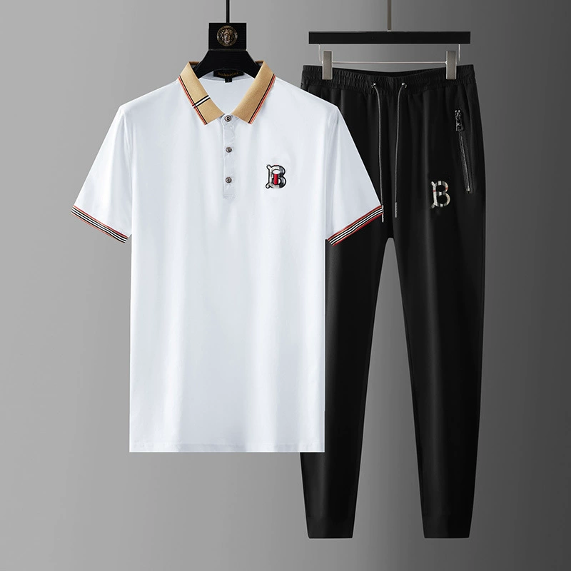 Европейский спортивный костюм с короткими рукавами, мужской спортивный костюм из мерсеризованного хлопка, модная вышивка, летний молодежный модный повседневный комплект из двух предметов с лацканами
