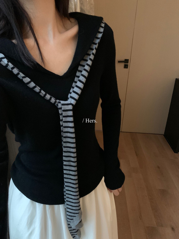 Hers一勺甜秋季韩系气质修身显瘦假两件披肩V领长袖针织衫女92401|undefined