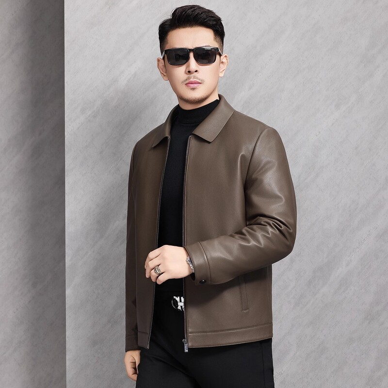 Haining New Genuine Leather Jacket Men's Leather Jacket down Jacket Slim Fit Middle-Aged Goatskin Business Wear Autumn and Winter Haining New Genuine Leather Jacket Men's Leather Jacket down Jacket Slim Fit Middle-Aged Goatskin Business Wear Autumn and Winter