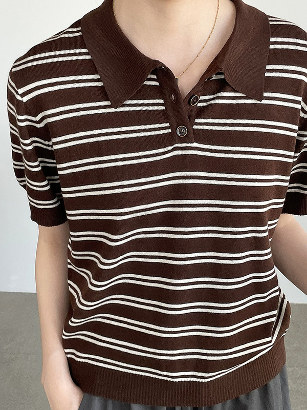 滔川   复古条纹翻领条纹针织短袖女休闲POLO领上衣YL527|undefined
