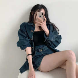 韩版复古休闲牛仔套装女春秋宽松牛仔衬衫外套+半身短裙子两件套