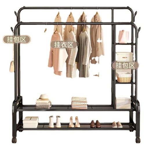 Double rod clothes rack floor-standing vertical clothes rack thick double row clothes rack interior hood rack movable clothes rack