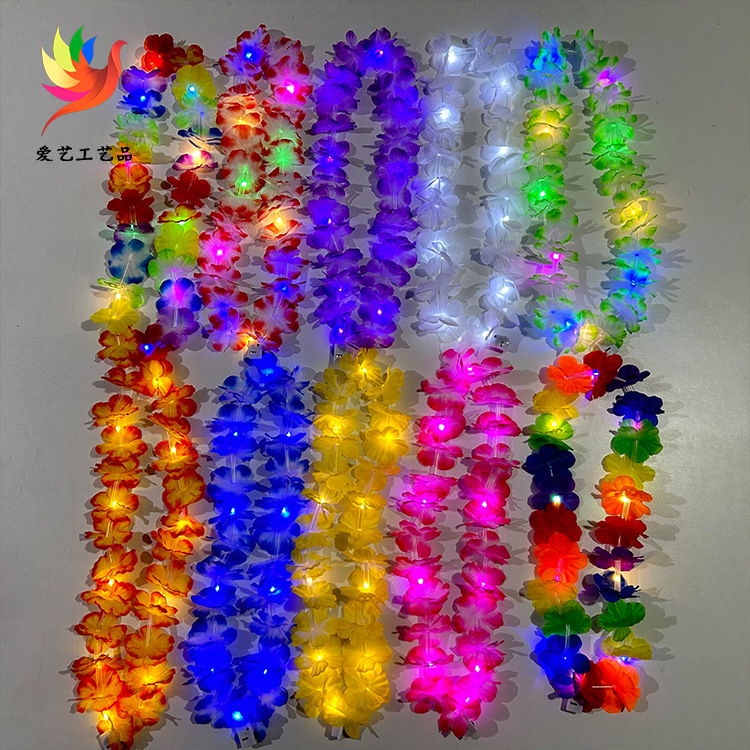 Guirnalda hawaiana exclusiva transfronteriza con luces de poliéster de tela de simulación pétalo luminoso Garland con cuello guirnalda luminosa