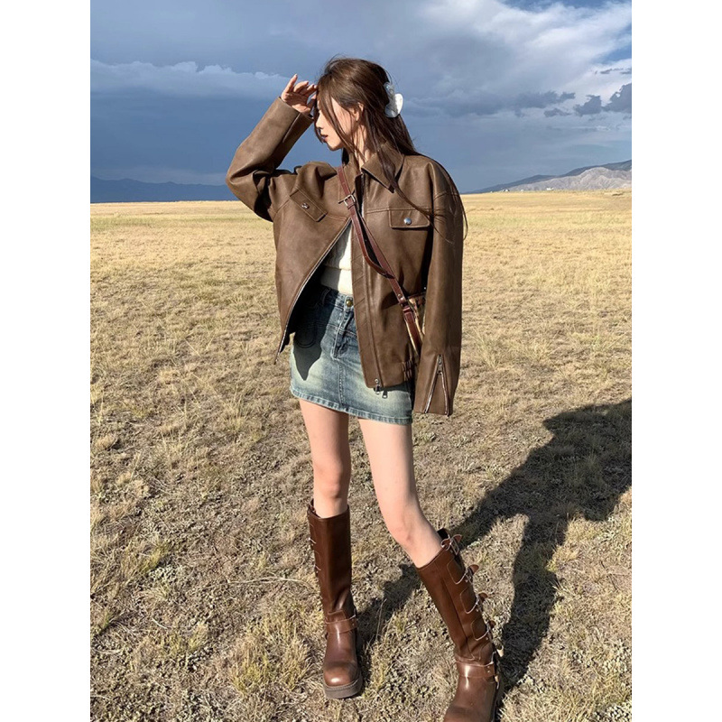 Brown Leather Jacket for Women 2025 Spring & Fall New Maillard American Retro Pu Leather Motorcycle Jacket for Small People