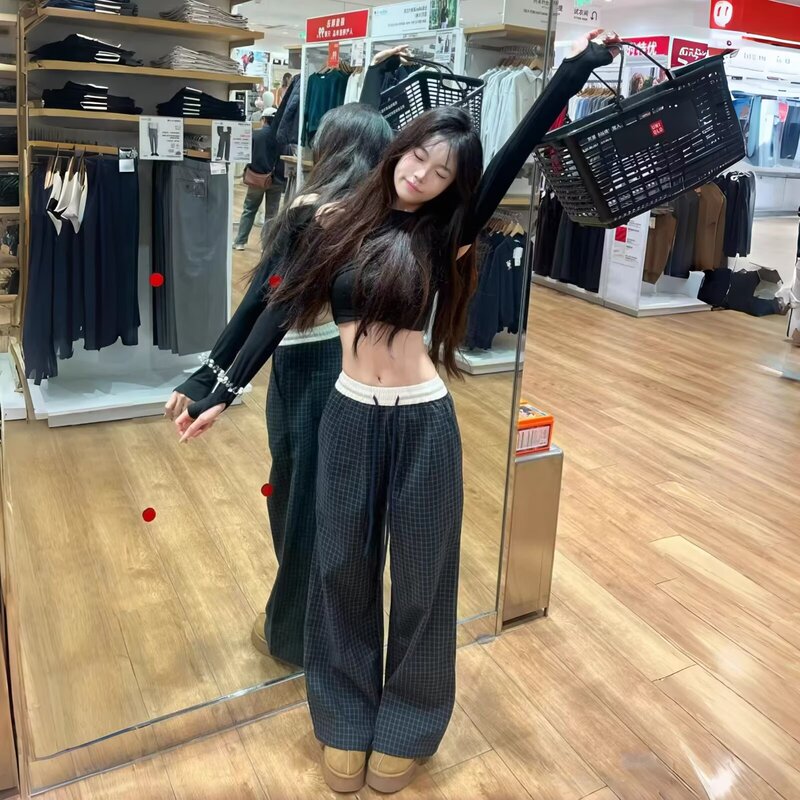 Hope88 American Retro Plaid Pants for Women, Loose Straight-Leg Lazy Sweatpants, Wide-Leg Sports Casual Pants for Couples Hope88 American Retro Plaid Pants for Women, Loose Straight-Leg Lazy Sweatpants, Wide-Leg Sports Casual Pants for Couples