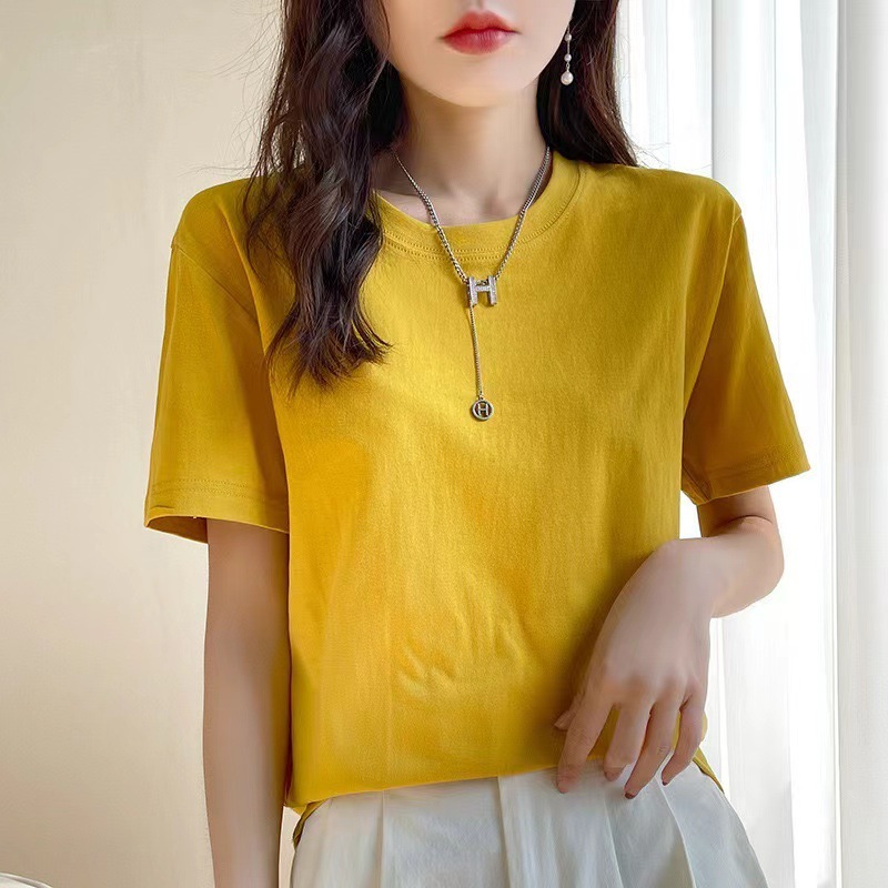 ヨーロッパ純綿 Tシャツレディース夏新疆長繊維綿半袖レディース Tシャツルーズカップルシャツ右肩ルーズラウンドネックホワイト Tシャツ|undefined