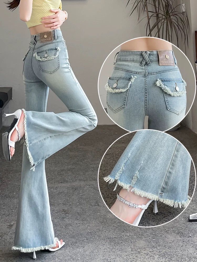High-End Raw Edge Bootcut Jeans for Women in Autumn New Style High-Waisted Slimming Elastic Horseshoe Bell Bottoms