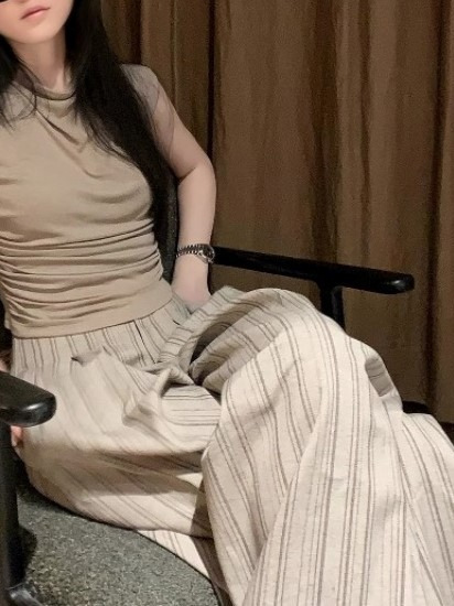 誉芝yuzhi 通勤感条纹阔腿裤夏季新款褶皱设计休闲百搭直筒长裤女|undefined
