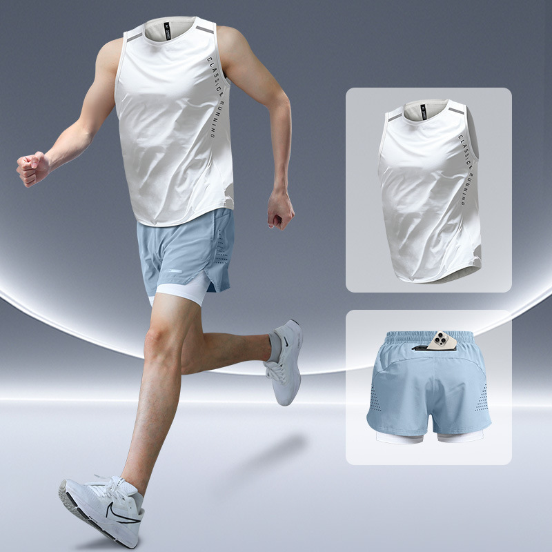 スポーツランニングスーツメンズマラソンアイスシルク速乾ベスト夏陸上トレーニングショーツフィットネス服と機器|undefined