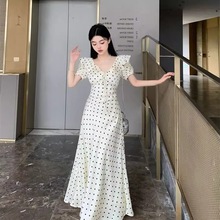 大码法式短袖连衣裙女夏季收腰显瘦初恋长裙胖MM荷叶边领波点裙子