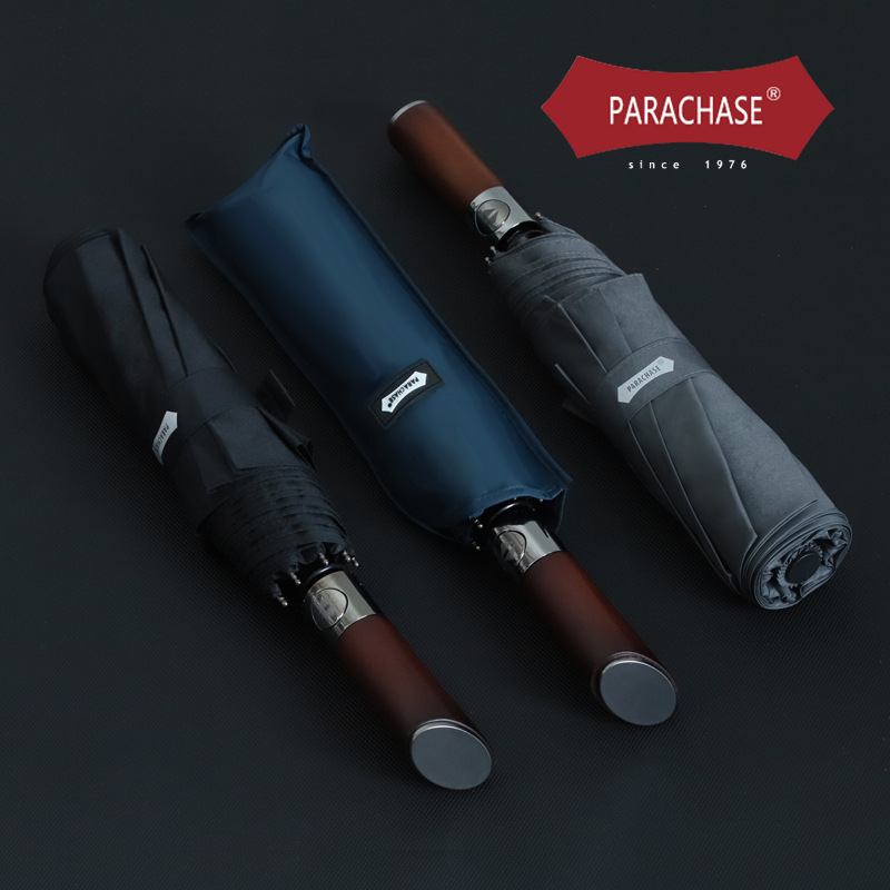 PARACHASE全自動雨傘復古實木雙人加大號121cm摺疊商務晴雨傘兩用