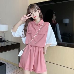 [Two-Piece Set] Color-Blocked Short-Sleeved Shirt for Women, Loose Polo Collar Top + Summer Wide-Leg Shorts, Western Style Suit