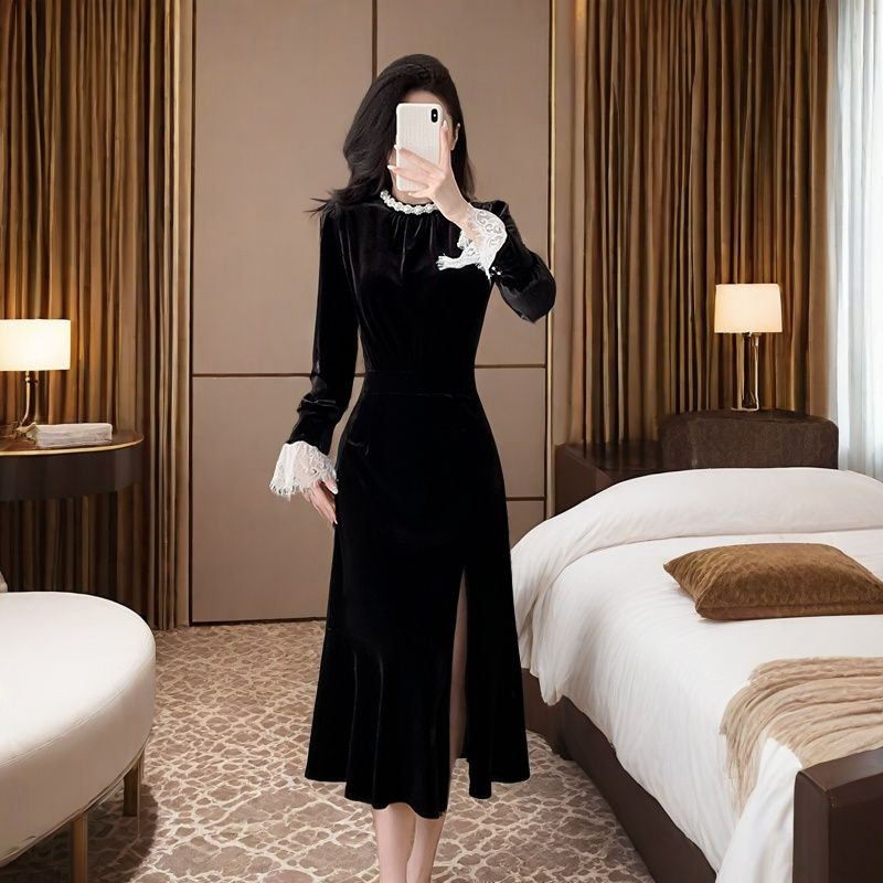 黑色丝绒连衣裙女2025秋冬新款法式复古赫本风包臀开叉鱼尾长裙子|undefined