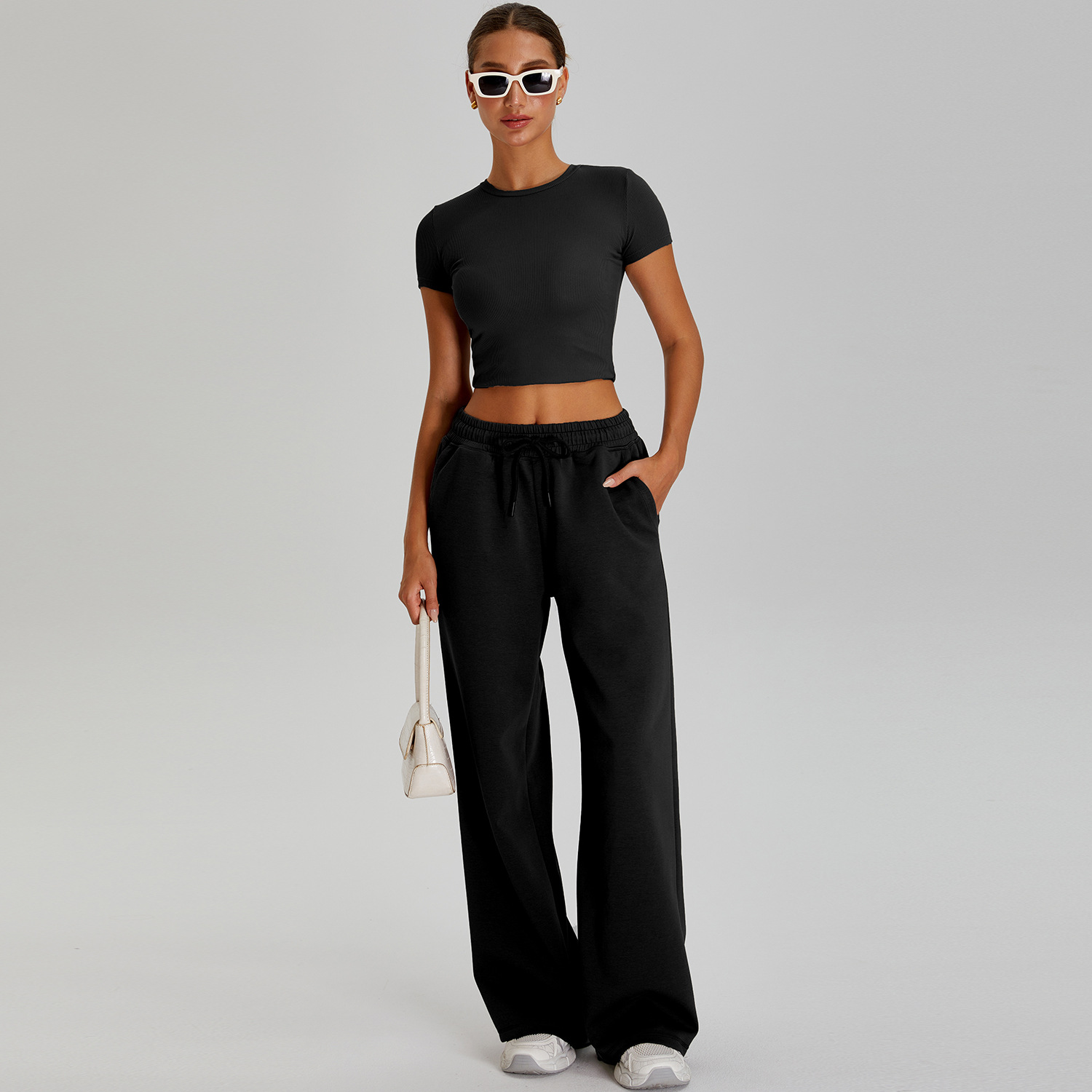 Traje de yoga ajustado transfronterizo, hilo fino, hombro, manga corta, pantalones casuales para correr de todo fósforo, traje deportivo de fitness para mujer image 14