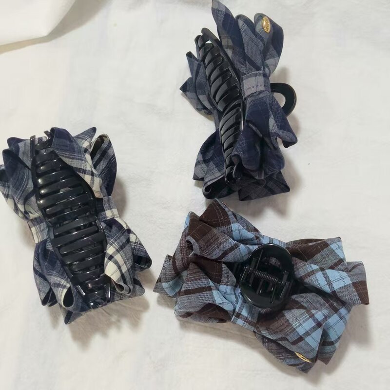 【蜜桃茶】版型好!!经典格子蝴蝶结抓夹秋冬女后脑勺鲨鱼发夹头饰|undefined