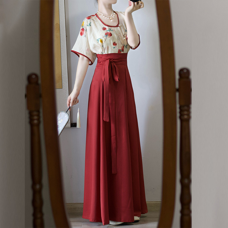 Original Hanfu New Chinese Style Tencel Cotton Half-Sleeve Tang Style Top and Eight-Piece Skirt for Summer Daily Wear and Commuting Original Hanfu New Chinese Style Tencel Cotton Half-Sleeve Tang Style Top and Eight-Piece Skirt for Summer Daily Wear and Commuting