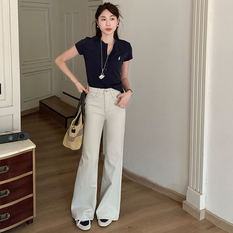 早秋新款米白色喇叭阔腿裤女时髦气质高腰直筒宽松女式牛仔裤显瘦|undefined