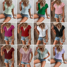 现货新款亚马逊wish欧美跨境女装V领花边休闲纯色蝙蝠袖T恤  现货