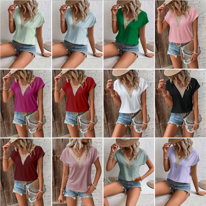 in stock New Amazon wish European and American Cross-border Women's V-neck Lace Casual Solid Color Bat Sleeve T-shirt in stock