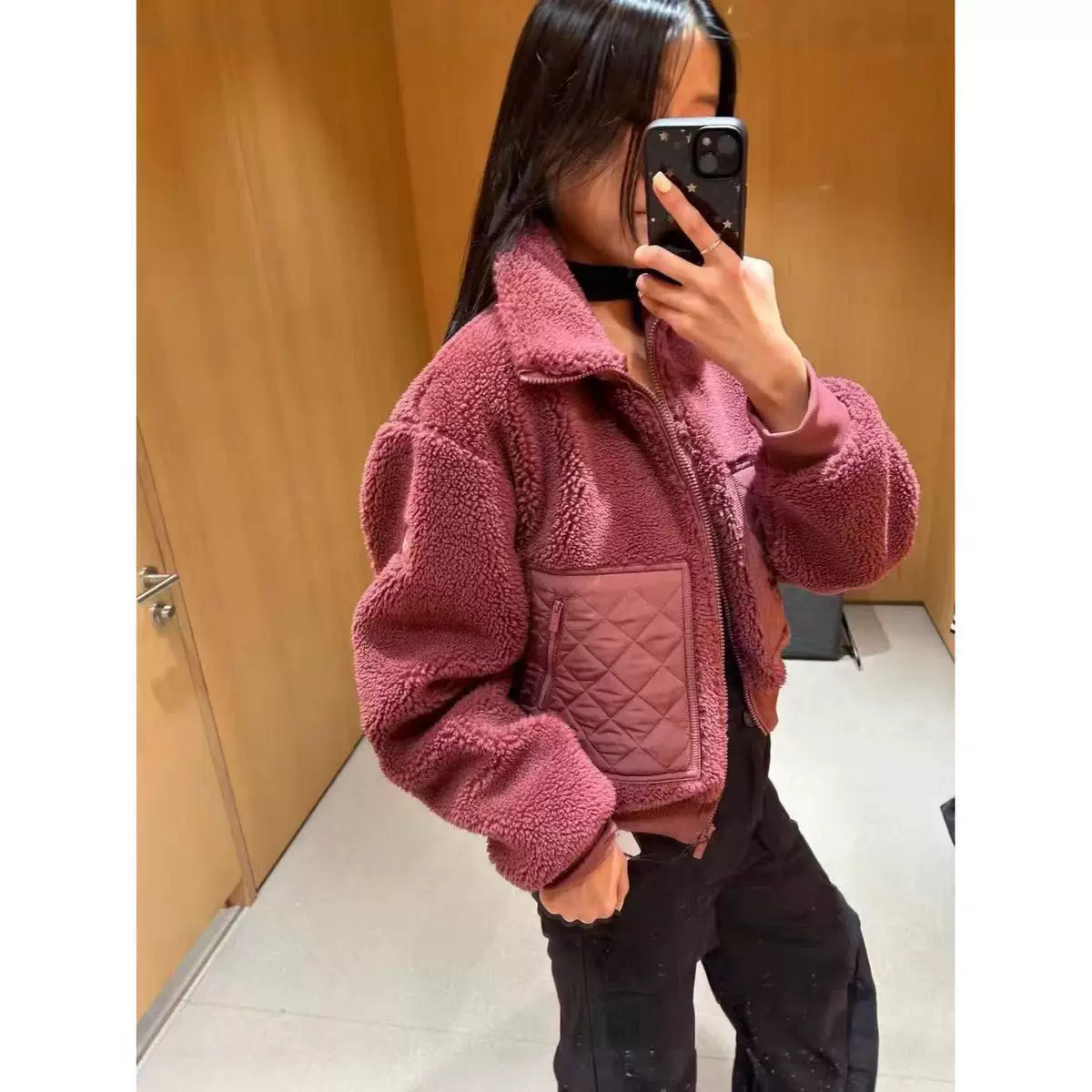 现货ALOANGT秋冬棕色羊羔毛连帽短外套保暖运动休闲立领拉链夹克