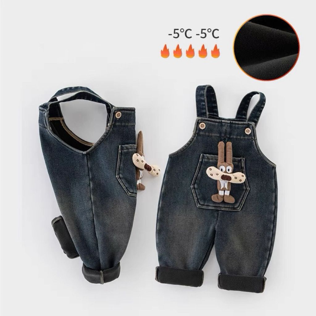 儿童加绒背带裤一岁女小童加厚裤子保暖男婴儿冬装宝宝牛仔棉裤