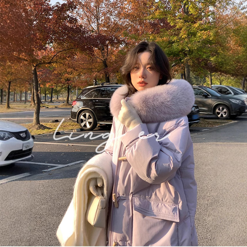 2025년 겨울 신상 후드 다운 재킷 여우털 칼라 고급 롱 스타일 한국 패션 두꺼운 패딩 여성용