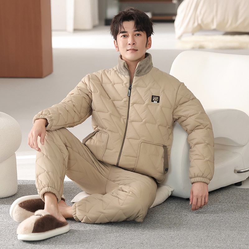 New Men's down Quilted Pajamas Winter Coral Velvet Three-Layer Fleece-Lined Thickened Cotton Jacket Winter Home Wear Set