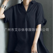 跨境外贸女装2024新品100%纯棉宽松舒适文艺复古翻领短袖大衬衫